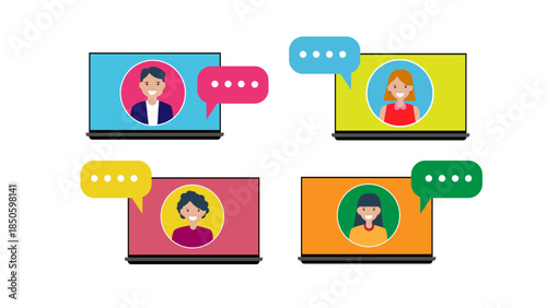 Flat Vector Illustration of Online Group Meeting and Video Conference via Laptop Screens