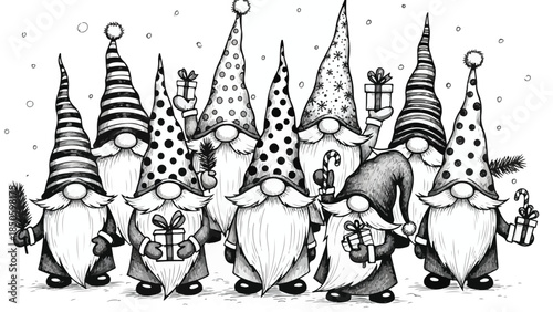 Set of cute christmas gnomes characters with diverse hats and beards vector sketch