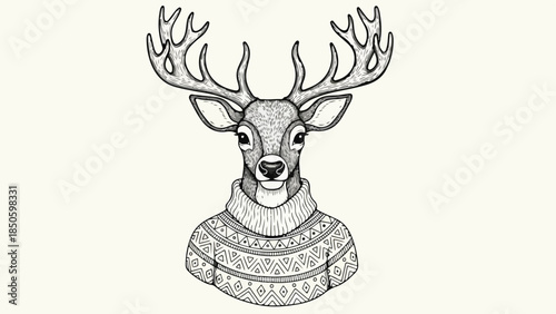 Portrait of a deer wearing a cozy winter sweater in hand drawn vector sketch