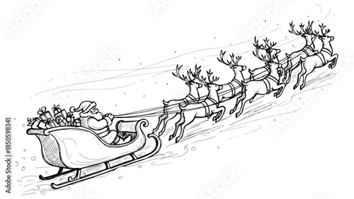 Santa claus riding a sleigh with many reindeer in winter landscape vector sketch