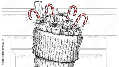 Christmas stocking filled with candy canes and gifts on a fireplace mantel sketch