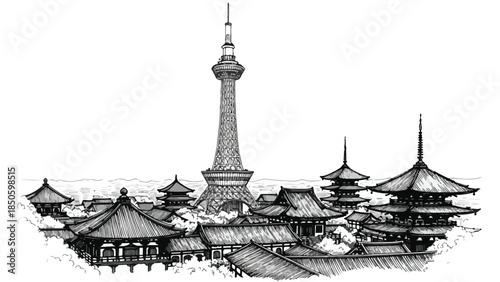 Pagoda temple and tv tower architecture landmark in seoul south korea sketch