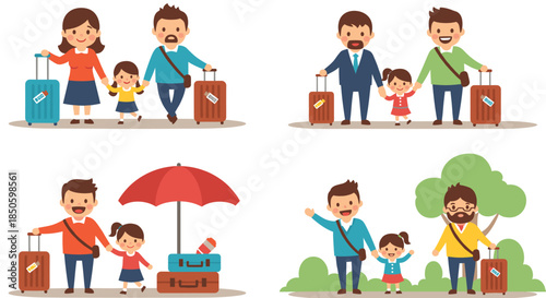 Set of flat vector family travel characters with luggage suitcases and umbrellas going on vacation together isolated white.