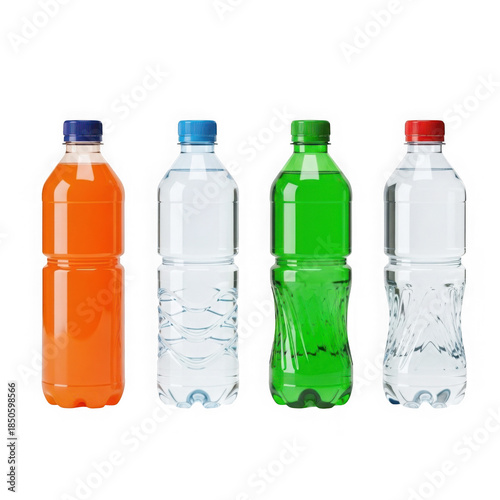 Assorted colored plastic bottles isolated on transparent background