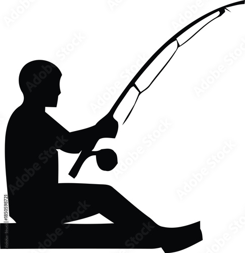 Silhouette of a person sitting and fishing with a rod and reel