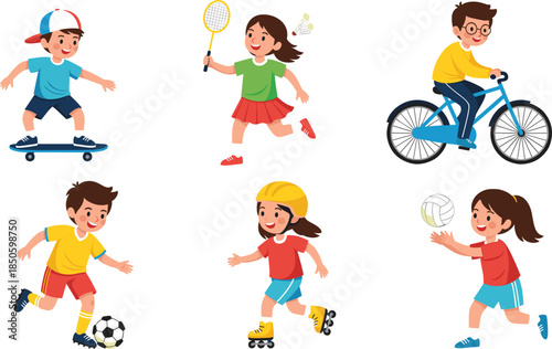 Flat vector illustration set of active children playing sports like soccer badminton cycling skateboarding and rollerskating isolated white.