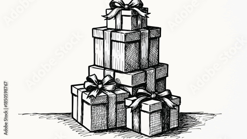 Large stack of wrapped christmas gift boxes in hand drawn vector sketch