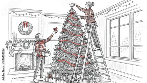 Mother and child decorating a large christmas tree together vector sketch