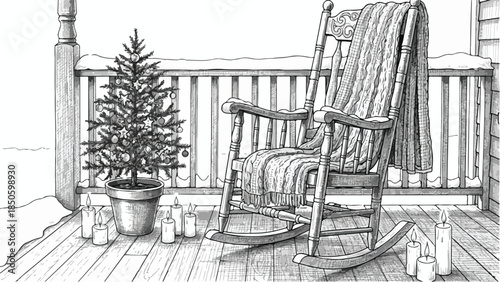 Cozy balcony terrace with rocking chair and christmas tree vector sketch