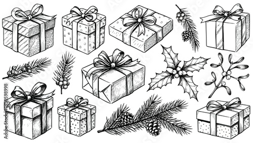 Set of diverse hand drawn christmas gift boxes and botanical elements sketch