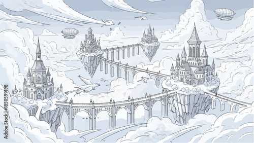Fantasy flying castle city in the clouds with airships vector sketch