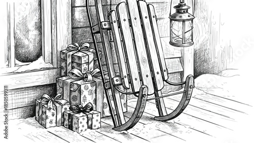 Christmas gift boxes with vintage ice skates and winter decorations sketch