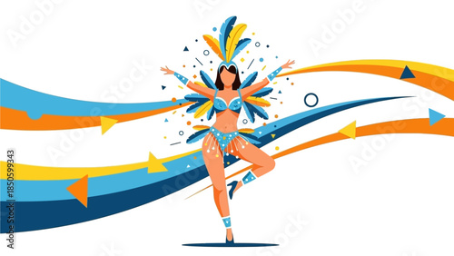 A vibrant flat design illustration capturing the energetic spirit of a female samba dancer in a colorful carnival costume