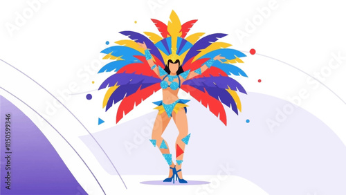 A vibrant flat design illustration capturing the energetic spirit of a female samba dancer in a colorful carnival costume