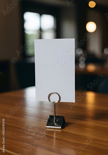 Empty blank sign holder on a wooden table in a restaurant setting. Awaiting information/instructions.