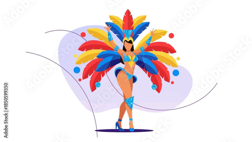 A vibrant flat design illustration capturing the energetic spirit of a female samba dancer in a colorful carnival costume