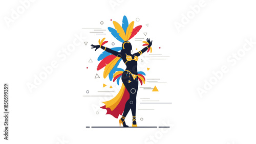 A vibrant flat design illustration capturing the energetic spirit of a female samba dancer in a colorful carnival costume