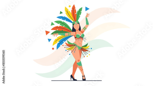 A vibrant flat design illustration capturing the energetic spirit of a female samba dancer in a colorful carnival costume