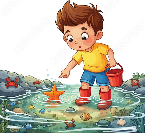 A cute cartoon boy in a yellow shirt and red boots points at a starfish in a shallow tide pool with a red bucket, surrounded by rocks and sea creatures on a white background with a playful