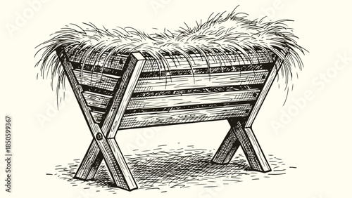 Traditional wooden manger for nativity scene on vintage paper background sketch