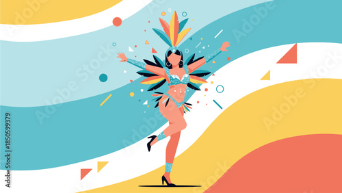 A vibrant flat design illustration capturing the energetic spirit of a female samba dancer in a colorful carnival costume