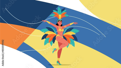 A vibrant flat design illustration capturing the energetic spirit of a female samba dancer in a colorful carnival costume