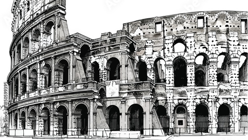 Full view of the roman colosseum architecture landmark in italy sketch