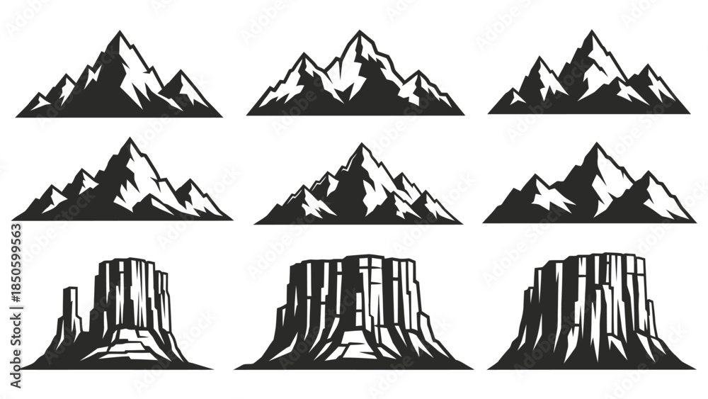 Fototapeta premium Collection of black and white graphic silhouettes featuring jagged mountain peaks and mesas