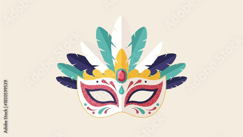 A beautifully crafted flat design illustration of an elaborate Rio Carnival mask, featuring simplified feathers and jewels
