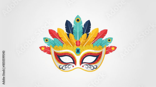 A beautifully crafted flat design illustration of an elaborate Rio Carnival mask, featuring simplified feathers and jewels