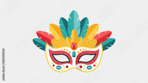 A beautifully crafted flat design illustration of an elaborate Rio Carnival mask, featuring simplified feathers and jewels