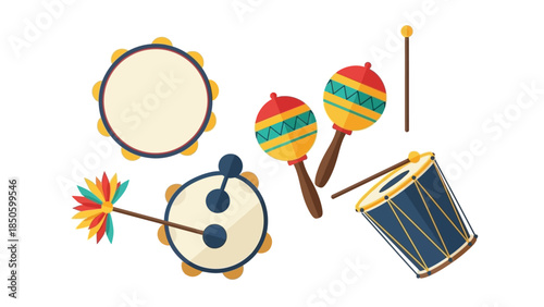 A clean flat design illustration showcasing a collection of essential Rio Carnival musical instruments like the tambourine and surdo drum