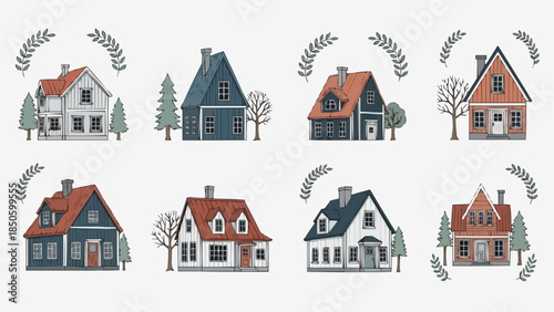 Collection of Eight Charming European Style Houses with Decorative Wreaths.
