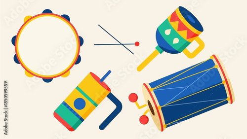 A clean flat design illustration showcasing a collection of essential Rio Carnival musical instruments like the tambourine and surdo drum