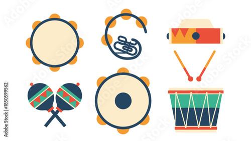 A clean flat design illustration showcasing a collection of essential Rio Carnival musical instruments like the tambourine and surdo drum