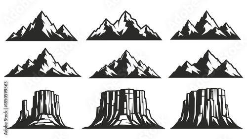 Collection of black and white graphic silhouettes featuring jagged mountain peaks and mesas