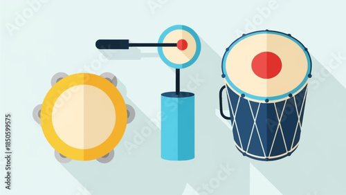 A clean flat design illustration showcasing a collection of essential Rio Carnival musical instruments like the tambourine and surdo drum