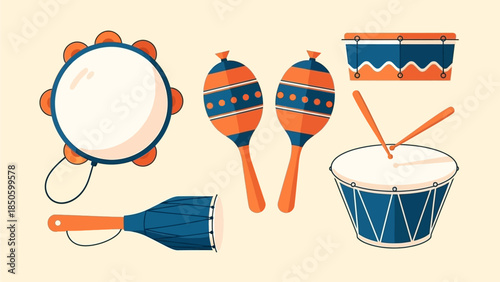 A clean flat design illustration showcasing a collection of essential Rio Carnival musical instruments like the tambourine and surdo drum