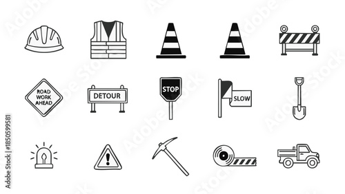 Construction Signs and Tools Icons Set.