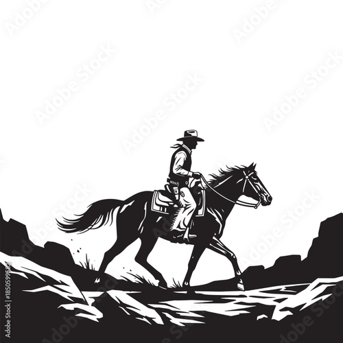 Black vector illustration of a horse rider silhouette depicting a jockey in dressage sport riding a stallion on horseback isolated on white