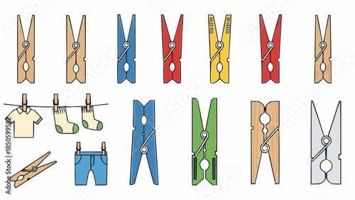 Collection of colorful wooden and plastic clothespins and laundry items.