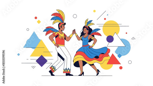 A dynamic flat design illustration depicting a couple elegantly dancing samba in vibrant carnival costumes