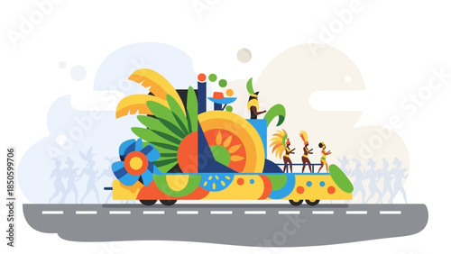 A vibrant flat design illustration of a Rio Carnival parade float, featuring abstract yet elaborate decorations and stylized figures