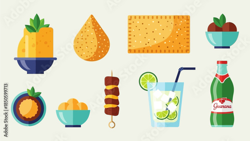 An appetizing flat design illustration showcasing typical Rio Carnival street food and drinks like coxinha, pastel, and caipirinha