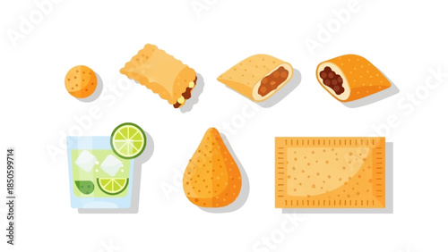 An appetizing flat design illustration showcasing typical Rio Carnival street food and drinks like coxinha, pastel, and caipirinha