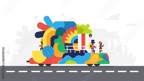 A vibrant flat design illustration of a Rio Carnival parade float, featuring abstract yet elaborate decorations and stylized figures