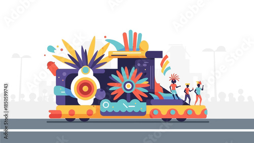 A vibrant flat design illustration of a Rio Carnival parade float, featuring abstract yet elaborate decorations and stylized figures
