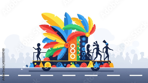 A vibrant flat design illustration of a Rio Carnival parade float, featuring abstract yet elaborate decorations and stylized figures