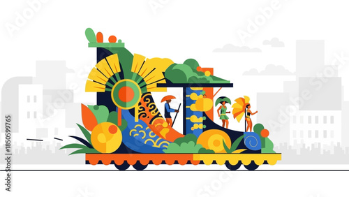 A vibrant flat design illustration of a Rio Carnival parade float, featuring abstract yet elaborate decorations and stylized figures