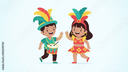 A charming flat design illustration featuring two children in simplified, colorful Rio Carnival costumes, happily playing